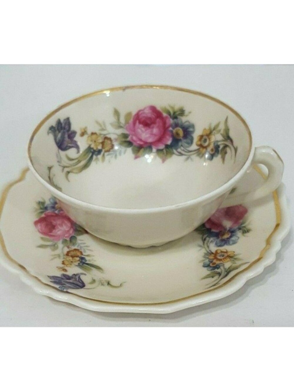 Limoges Lucien Michelaud Tea Cup and Saucer Vintage Pink‎ Roses